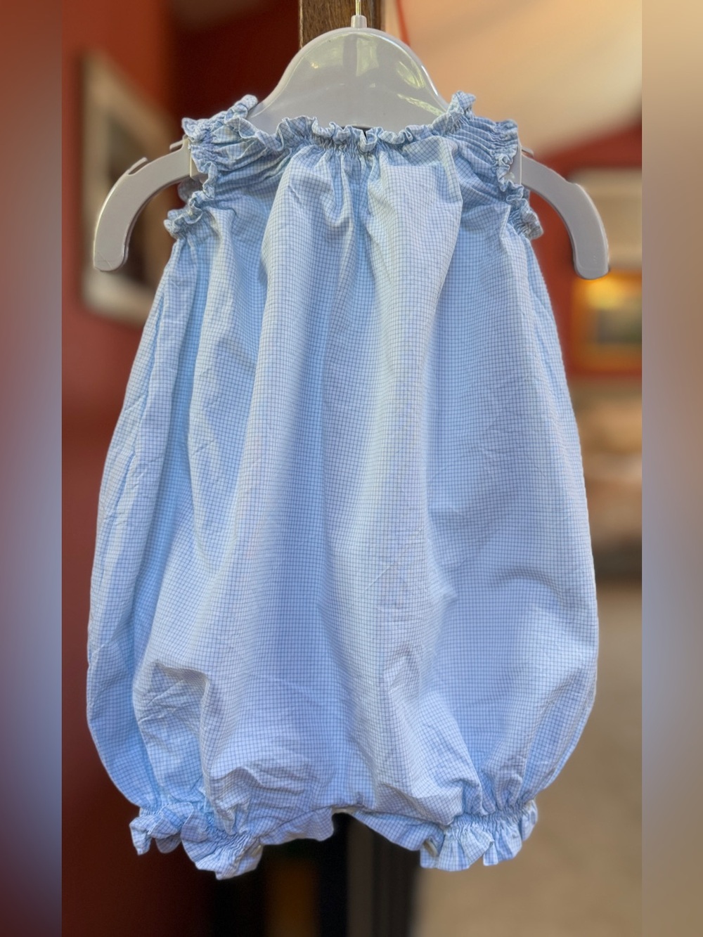 Makie Baby Blue Gingham Bubble One-Piece ~ Sz 0-3 Mos